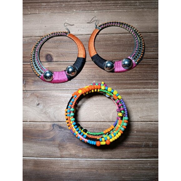 Mod Hippie Boho Beaded Bracelet and Giant Colorful Rhinestone Earrings Costume - Picture 8 of 8